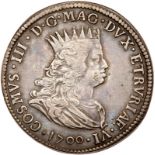 Italian States: Tuscany. Tollero, 1700. Dav-4215. Cosimo III, 1670-1723. Crowned bust right. Reverse