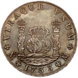 Mexico. 8 Reales, 1733-Mo MF. Eliz-4; KM-103. Milled. Small crown. Philip V. Pillar type. Sharp