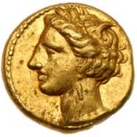 Zeugitania, Carthage. Electrum 1/5 Stater (1.4 g), ca. 350-270 BC. Cornear wreathed head of Tanit