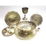 AN ELKINGTON & CO PLATED DINNER PLATE a salver; a gallery tray; and engraved trophy cup; a large