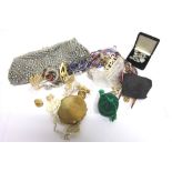 A COLLECTION OF ASSORTED COSTUME JEWELLERY a powder compact; and a paste set and beaded bag