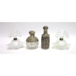 A LATE VICTORIAN SILVER MOUNTED GLASS SCENT BOTTLE maker M.J., Birmingham 1898, the spherical cut