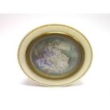 A LATE 19TH CENTURY OVAL IVORY MINIATURE SET BOX the pull off cover with a miniature of a seated