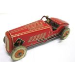 A METTOY TINPLATE RACING CAR circa 1930s-40s, red, racing number '7', with poseable front wheels,