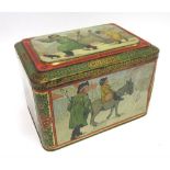 A COLMAN'S MUSTARD TIN circa 1900, the sides and lid printed with artist-drawn narrative scenes in