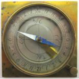 A BRASS POCKET COMPASS with a silvered chapter ring calibrated to show two twelve hour periods,