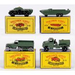 FOUR MATCHBOX 1-75 SERIES MILITARY MODELS comprising No.49, U.S. M3 Half Track Personnel Carrier,