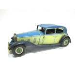 A METTOY TINPLATE 'ROLLS-ROYCE' STYLE LIMOUSINE circa 1940s, mid blue over cream, with a dark blue
