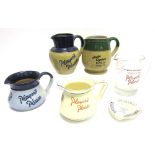 AN OGDEN'S ROBIN CIGARETTES STONEWARE WATER JUG 13cm high; together with four assorted Player's