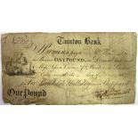 A TAUNTON BANK ONE POUND PROVINCIAL BANK NOTE dated 1807, for Brickdale, Halliday and Sheppard,