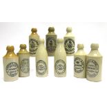 NINE WEST COUNTRY STONEWARE GINGER BEER BOTTLES comprising five different Starkey, Knight & Ford (