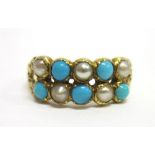 A VICTORIAN TURQUOISE AND PEARL RING circa 1870, the stones alternate set in two rows, between