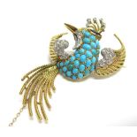 A DIAMOND, TURQUOISE AND SAPPHIRE BIRD BROOCH circa 1960, the tail feathers and wings formed by a