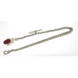 A SILVER WATCH CHAIN of graduated curb links, 34cm long, with a seal attached, 46.8g gross