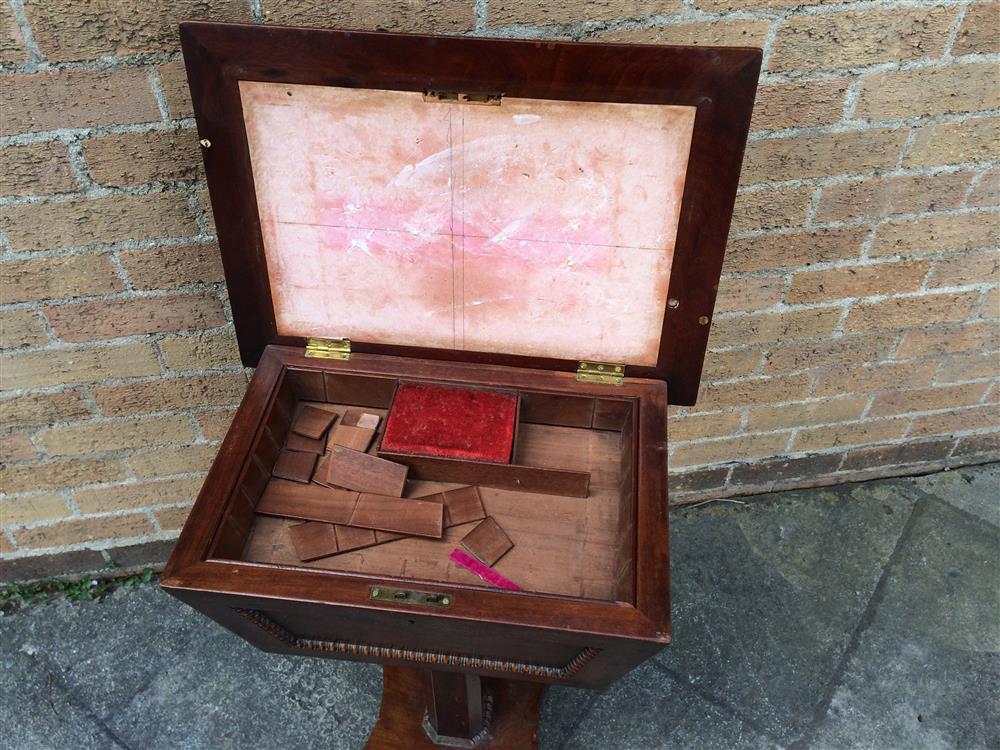 A VICTORIAN MAHOGANY WORK TABLE the rectangular top lifting to reveal part fitted interior, on - Image 3 of 4