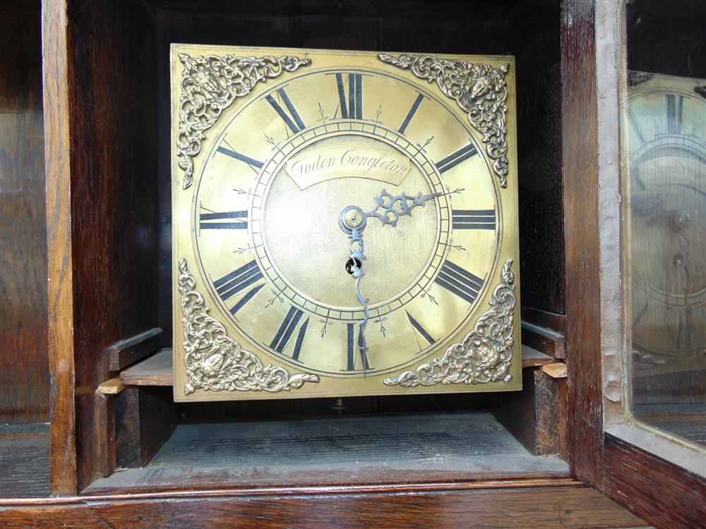 AN OAK AND MAHOGANY CROSSBANDED DRESSER, the upper section incorporating an 18th century brass clock - Image 2 of 2