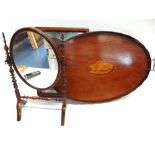 AN EDWARDIAN MAHOGANY GALLERY TRAY with brass handles, inlaid with conch motif to centre 69cm wide