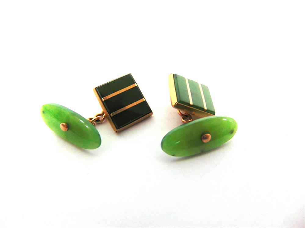 A PAIR OF NEPHRITE JADE CUFFLINKS stamped '9ct', the rectangular stone set panel chain connected