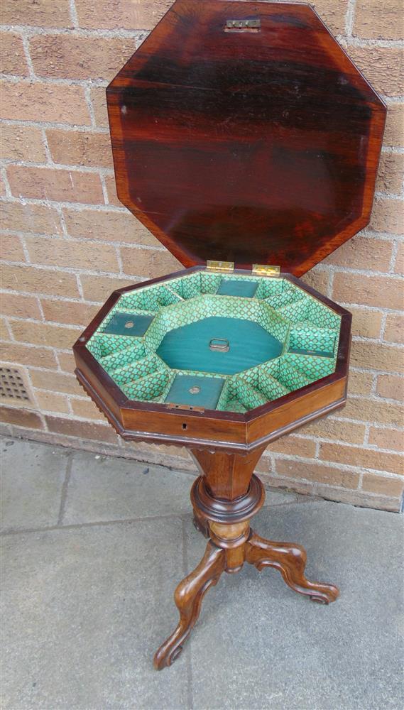 A VICTORIAN ROSEWOOD GAMES/WORK TABLE the octagonal top inlaid with chess board, opening to reveal - Image 2 of 3