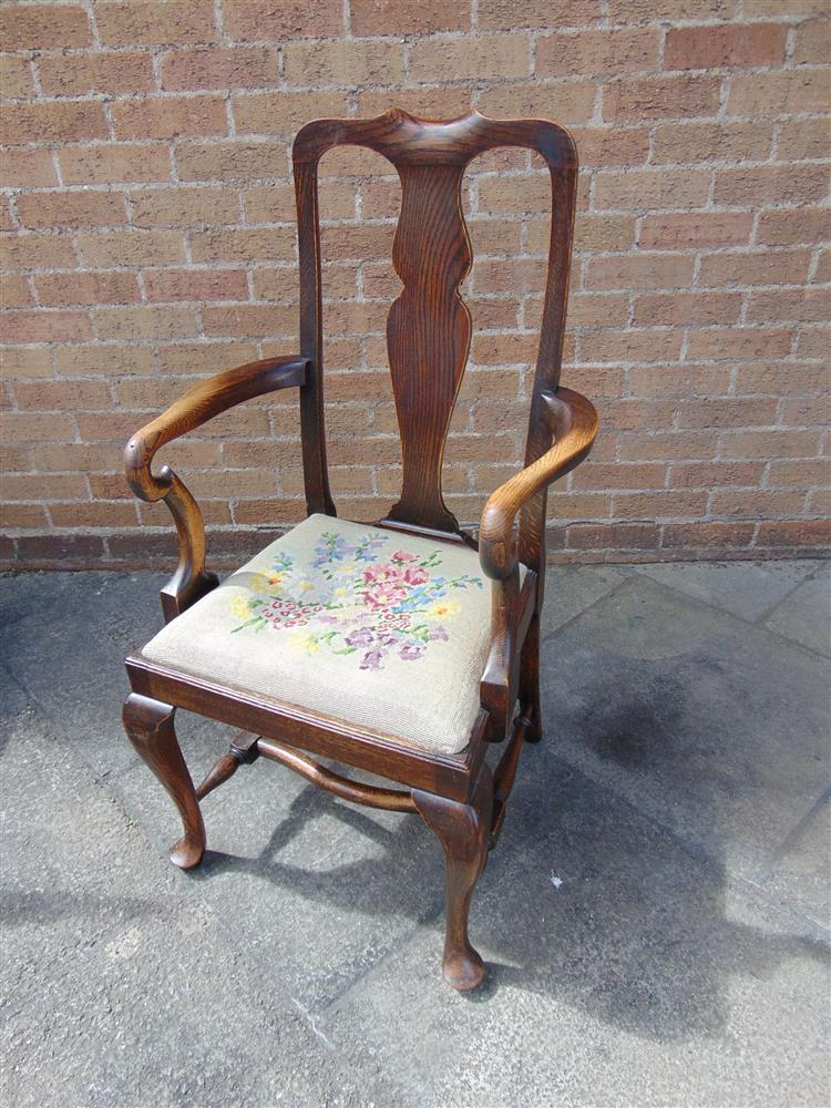 A SET OF SIX OAK DINING CHAIRS including matching pair of carvers, with shaped splats, needlework - Image 2 of 2