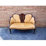 AN EDWARDIAN MAHOGANY FRAMED SALON SOFA with inlaid marquetry decoration