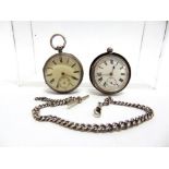 A SILVER OPEN FACED KEY WOUND POCKET WATCH with another similar; a worker's protective watch case;