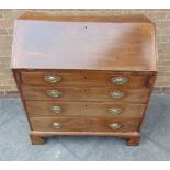 A GEORGE III MAHOGANY BUREAU with fitted interior, four graduated drawers on bracket feet, 102cm