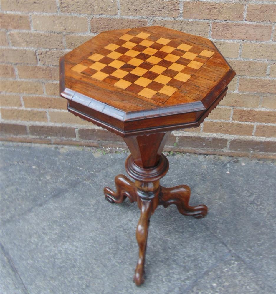 A VICTORIAN ROSEWOOD GAMES/WORK TABLE the octagonal top inlaid with chess board, opening to reveal