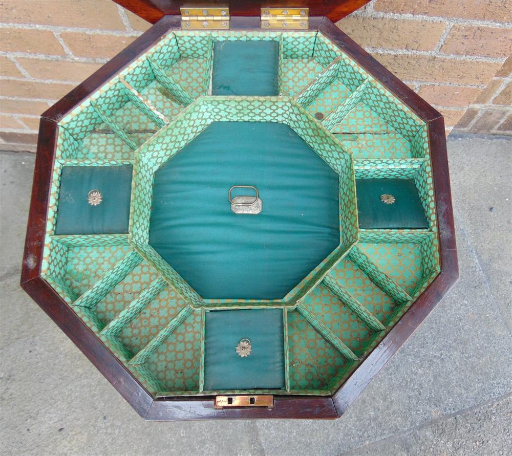 A VICTORIAN ROSEWOOD GAMES/WORK TABLE the octagonal top inlaid with chess board, opening to reveal - Image 3 of 3
