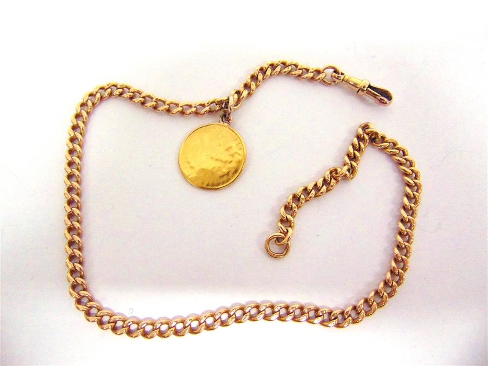 A 15CT GOLD WATCH CHAIN of graduated solid curb links, 39cm long; with a gold coin attached, very