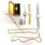 A COLLECTION OF SIX WATCHES and two simulated pearl necklaces