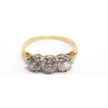 A THREE STONE DIAMOND RING the uniform old brilliant cuts calculated as weighing 0.44/0.44/0.37