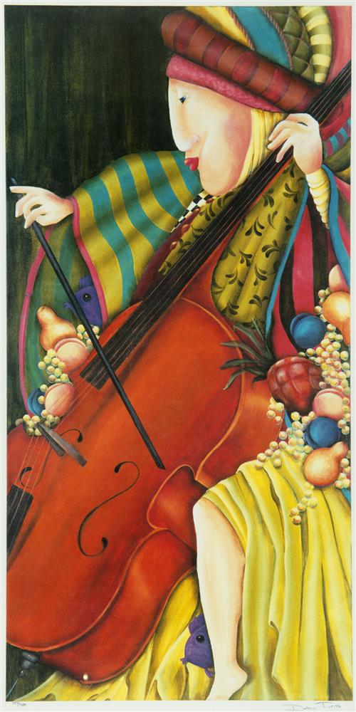 DEBORAH TIVENS (CONTEMPORARY) Cellist and Fruit, colour print, limited edition 207/400, signed in - Image 2 of 2