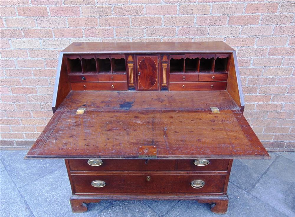 A GEORGE III OAK BUREAU  with fitted interior over four long drawers on bracket feet, 102cm wide - Image 3 of 4