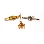 A WISHBONE PENDANT on a 9 carat gold micro belcher link chain; a stone set spider bar brooch; and