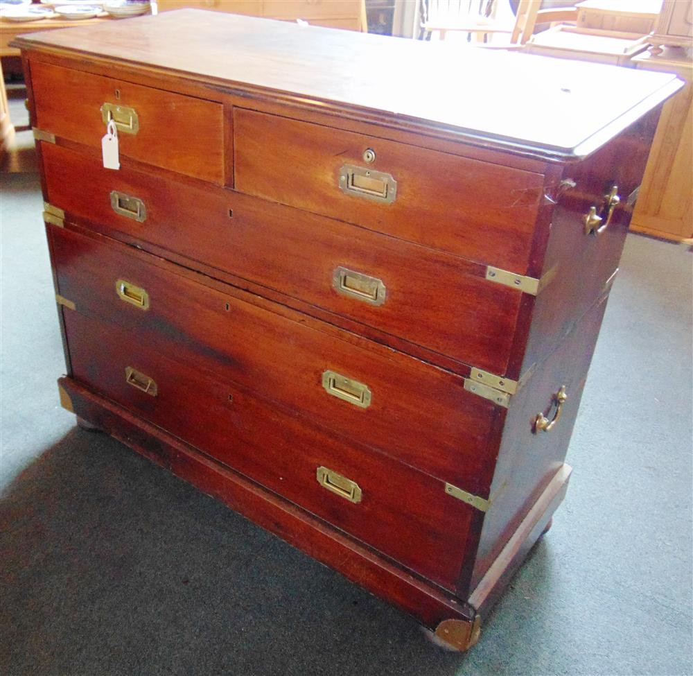 A 19TH CENTURY BRASS MOUNTED CAMPAIGN CHEST  of two short and three long drawers, the two part chest - Image 5 of 5