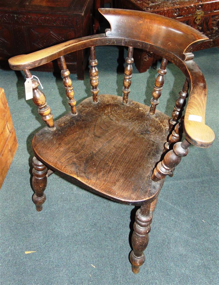 A CAPTAINS CHAIR, OR SMOKERS BOW, the shaped back with open scroll arms, on turned oak spindles to a - Image 2 of 2