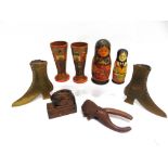 A COLLECTION OF TREEN comprising a Black Forest nutcracker, carved as an elderly lady in a cap;