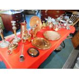 A COLLECTION OF ASSORTED BRASS AND COPPER WARE,  including pair of brass chambersticks, copperware