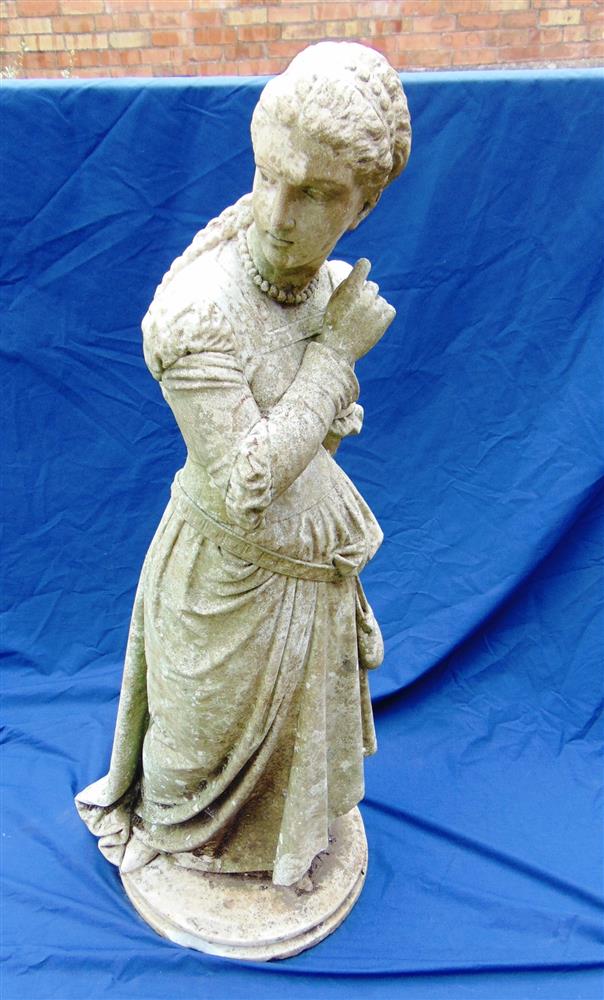 A VICTORIAN CARVED WHITE MARBLE SCULPTURE of a lady in long formal dress, on circular base signed 'P