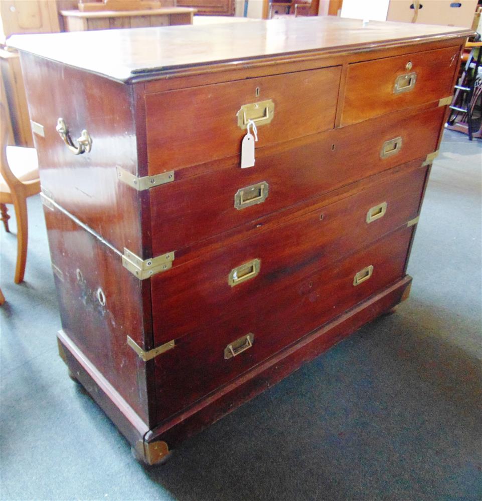A 19TH CENTURY BRASS MOUNTED CAMPAIGN CHEST  of two short and three long drawers, the two part chest - Image 3 of 5