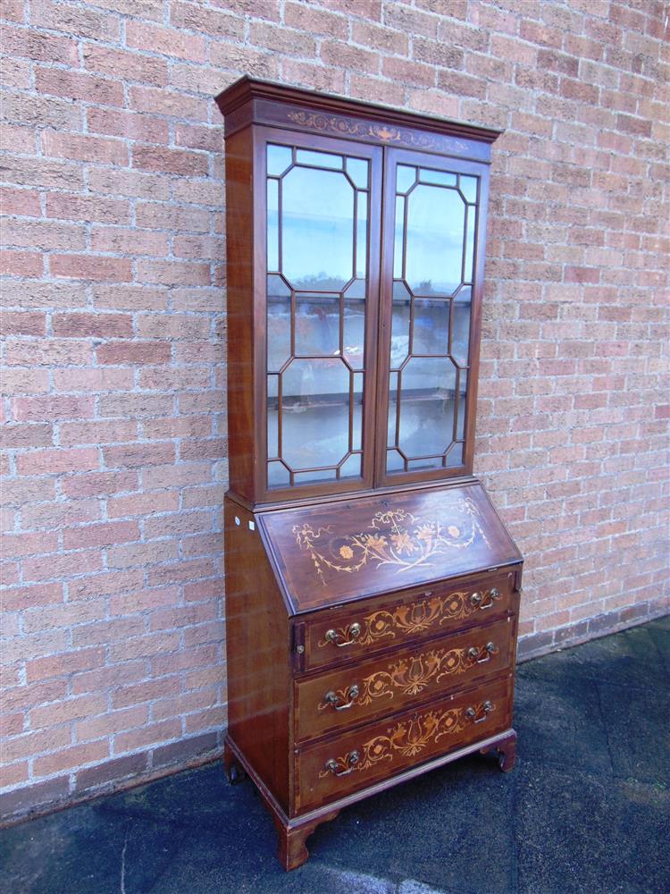 AN EDWARDIAN MAHOGANY BUREAU BOOKCASE,  with astragal glazed upper section and fitted interior - Image 2 of 3