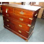 A 19TH CENTURY BRASS MOUNTED CAMPAIGN CHEST  of two short and three long drawers, the two part chest