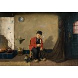 DUTCH SCHOOL (20TH CENTURY) A Fisherman Mending his Net in a Domestic Interior, oil on canvas,