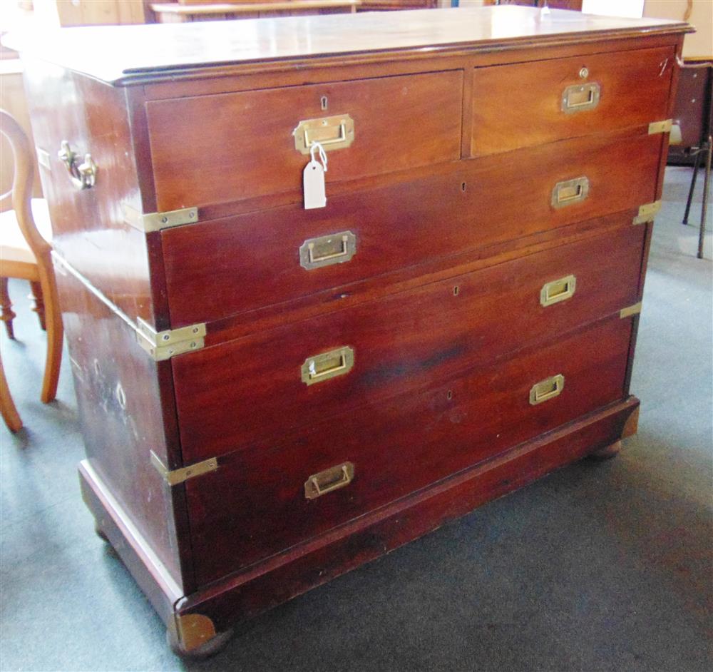 A 19TH CENTURY BRASS MOUNTED CAMPAIGN CHEST  of two short and three long drawers, the two part chest - Image 4 of 5