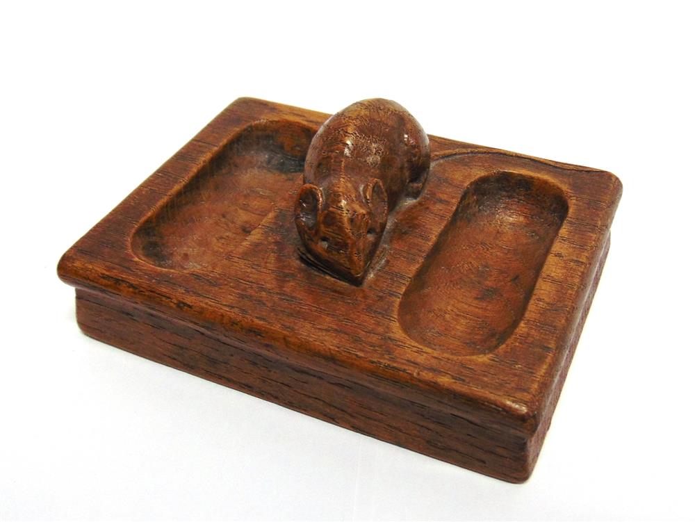 A ROBERT 'MOUSEMAN' THOMPSON DOUBLE PIN TIDY  ,carved with signature mouse, 11.5cm wide, 8.5cm deep