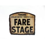 A YORKSHIRE WOOLLEN DISTRICT TRANSPORT CO. DOUBLE-SIDED 'FARE STAGE' ENAMEL BUS STOP SIGN with black