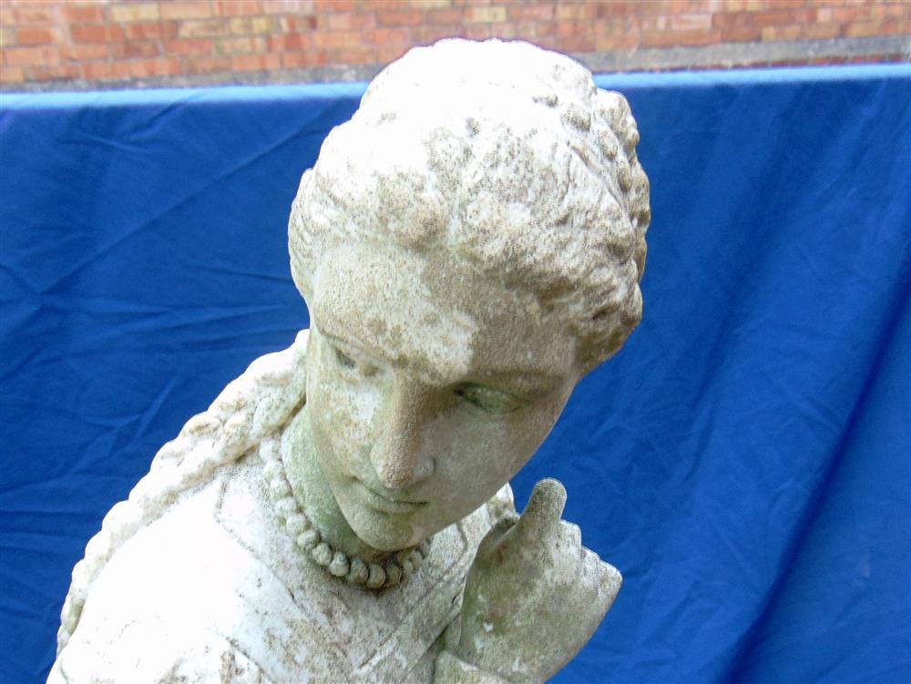 A VICTORIAN CARVED WHITE MARBLE SCULPTURE of a lady in long formal dress, on circular base signed 'P - Image 2 of 7