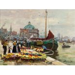 DUTCH SCHOOL (20TH CENTURY) A Harbour Scene with Flowers, oil on canvas, indistinctly signed lower