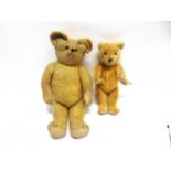 TWO ENGLISH PALE GOLD MOHAIR TEDDY BEARS comprising one with replacement button eyes and a black